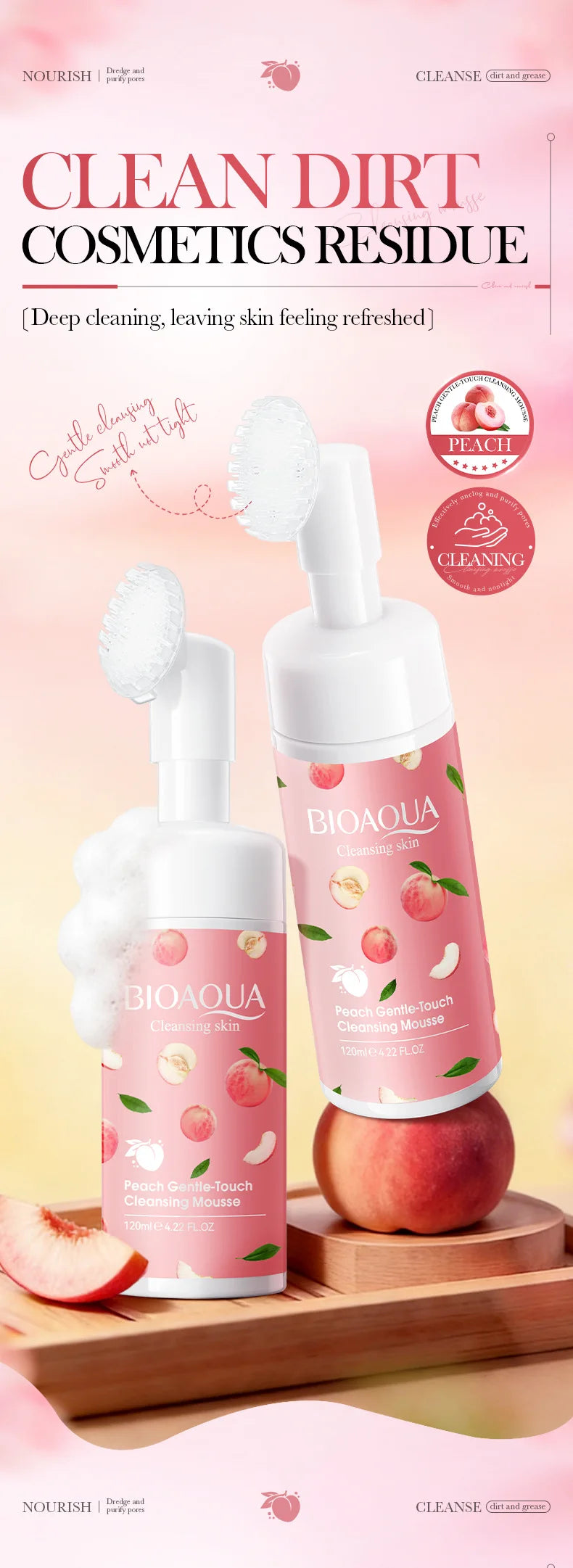 BIOAQUA Peach Facial Cleansing Mousse with Brush Gentle Touch Cleans Skin Oil Purify Pores Refreshed Non Tight Facial Cleanser