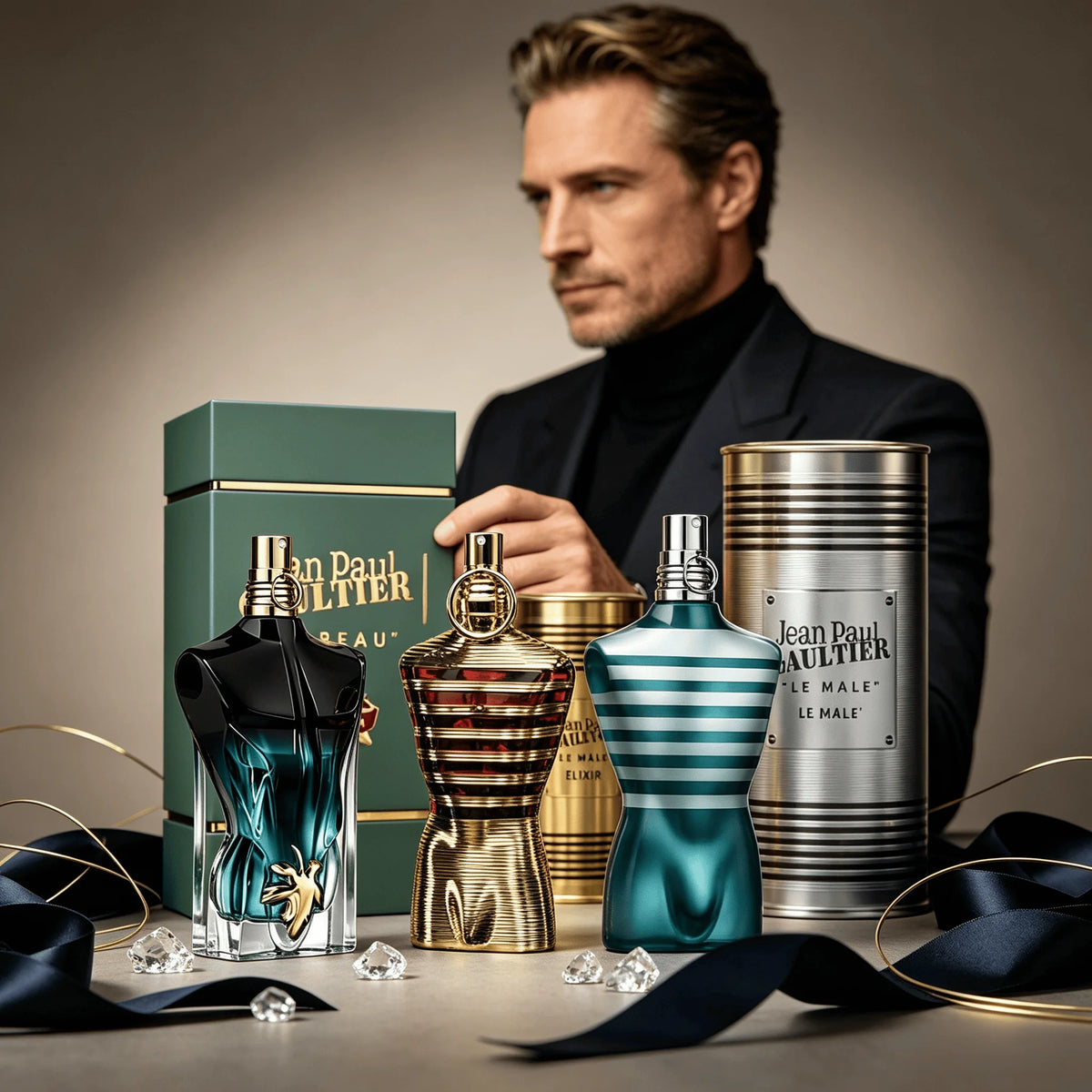 Jean Paul Gaultier Le Male Le Beau Series 3 Styles Perfume Collection for Men Eau De Parfum Long Lasting Fragrance Iconic Torso Shaped Bottle Luxury Cylindrical Metal Gift Can Ideal Birthday Holiday Collector Gift for Husband