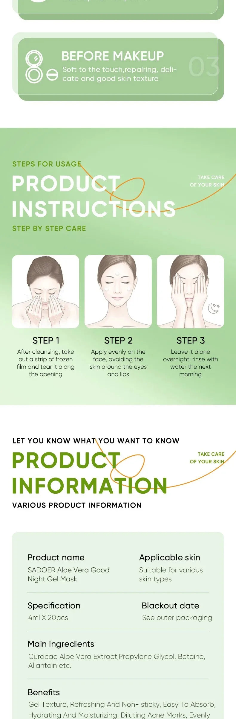 20Pcs Sadoer Aloe Vera Sleeping Facial Masks Moisturizing Anti-Wrinkles Hydrating Anti-Aging No Wash Face Mask Facial Skin Care