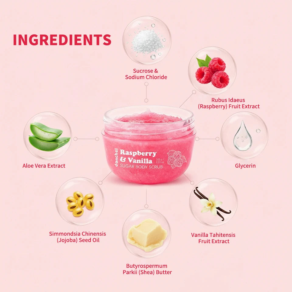 Raspberry Vanilla Sugar Body Scrub Gentle Exfoliation Remove Dead Skin Smooth Soothed Skin Soft Fragrance Shower Body Care