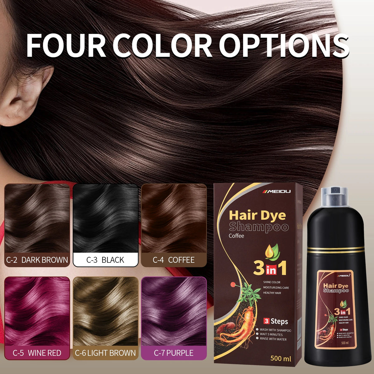 Meidu 3in1 Hair Dye Shampoo Easy to Use Moisturizing & Healthy Hair Care Creating Natural Hair Color,Quick Dyeing for Men Women