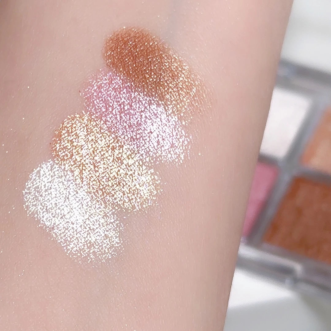 4-Color Face Highlighter Palette, Pearly Glitter Shimmer Smooth Baked Powder, Lasting Sparkling Highlighter Makeup