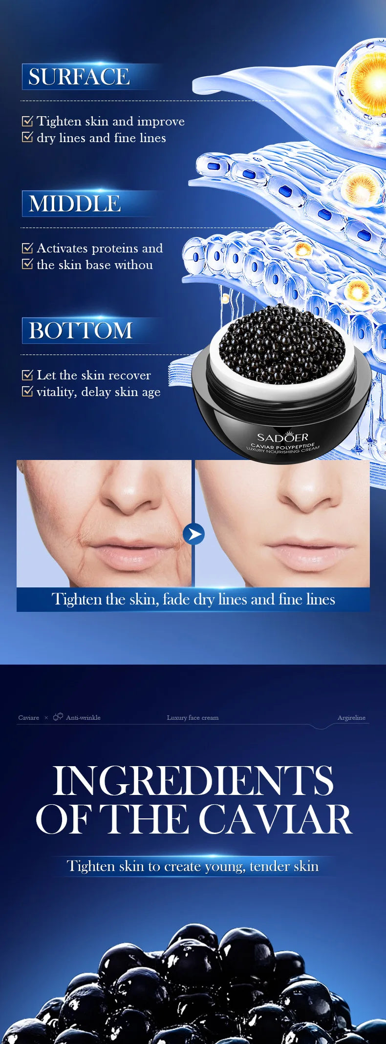 Caviar Firming Face Cream Deep Hydrating Soften Lifting Fine Lines Around Eyes  Area Boost Skin Elasticity Moisturizer Skin Care