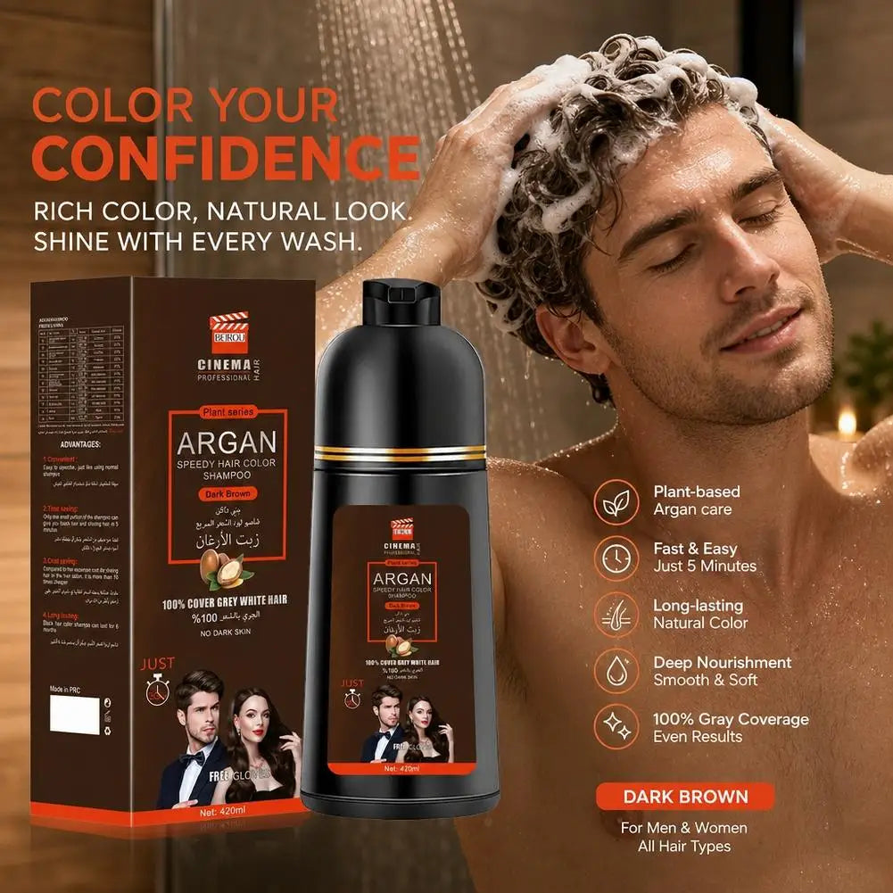 3-in-1 Collagen Argan Oil Shampoo Long-Lasting Black Hair Dye Shampoo for Men Women Nourishes Colors Gray Hair, 400/420ml