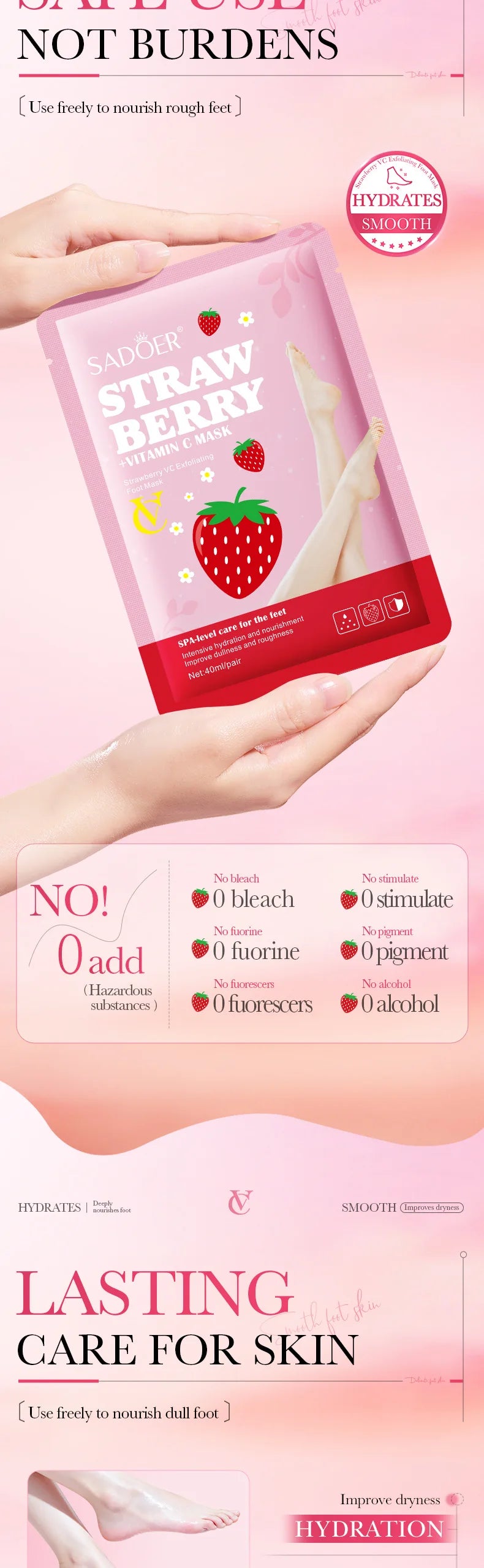 5 Pairs SADOER Strawberry Foot Mask Moisturizing Whitening Foot Peeling Mask Exfoliating Feet Spa Pedicure Exfoliant Skin Care