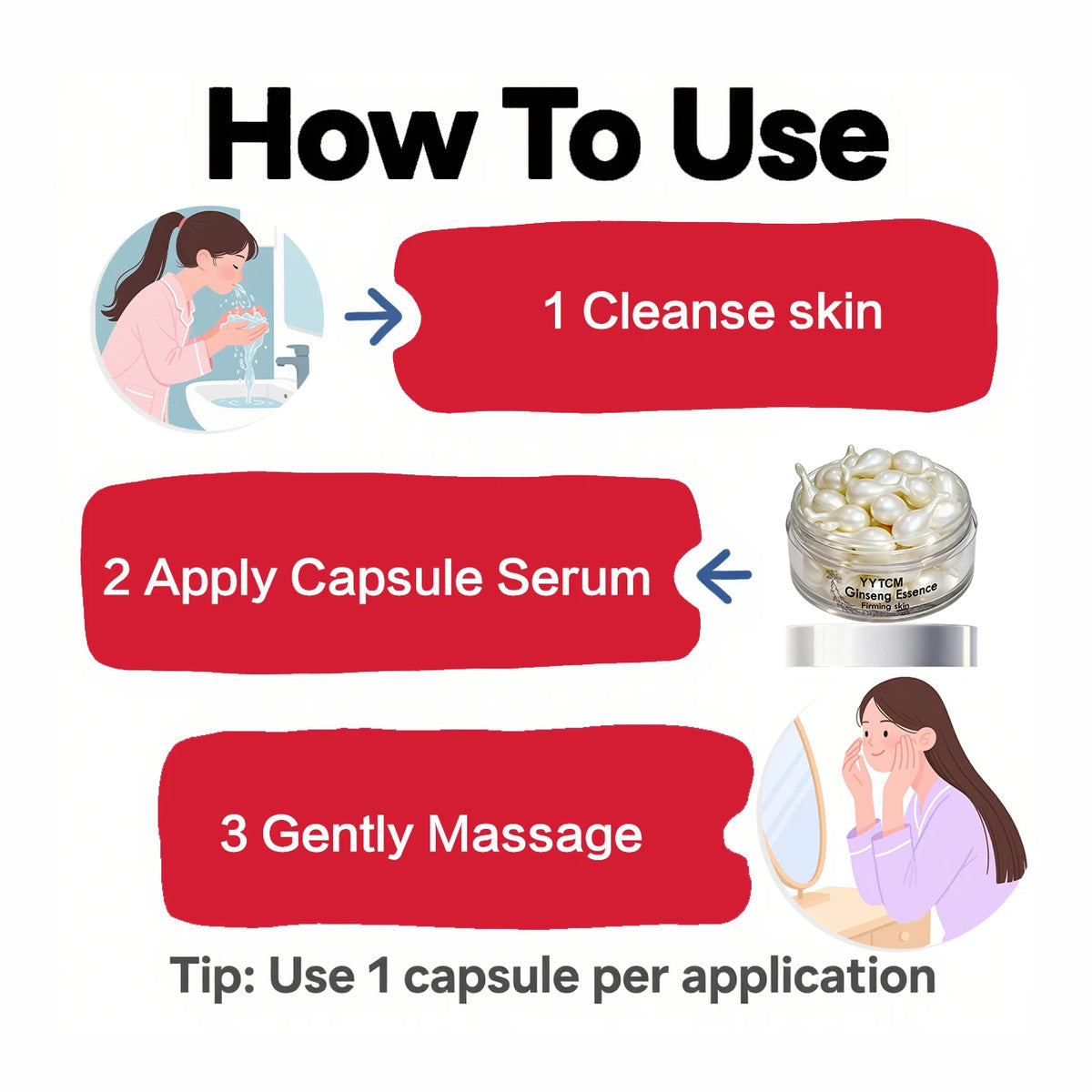 Ginseng Essence Capsules, Moisturizing and Firming Essence Serum, Contains Squalane, Niacinamide, Vitamin E, Retinol, Deep Hydration (0.34Gx30 Capsules)/Bottle-1 Bottle
