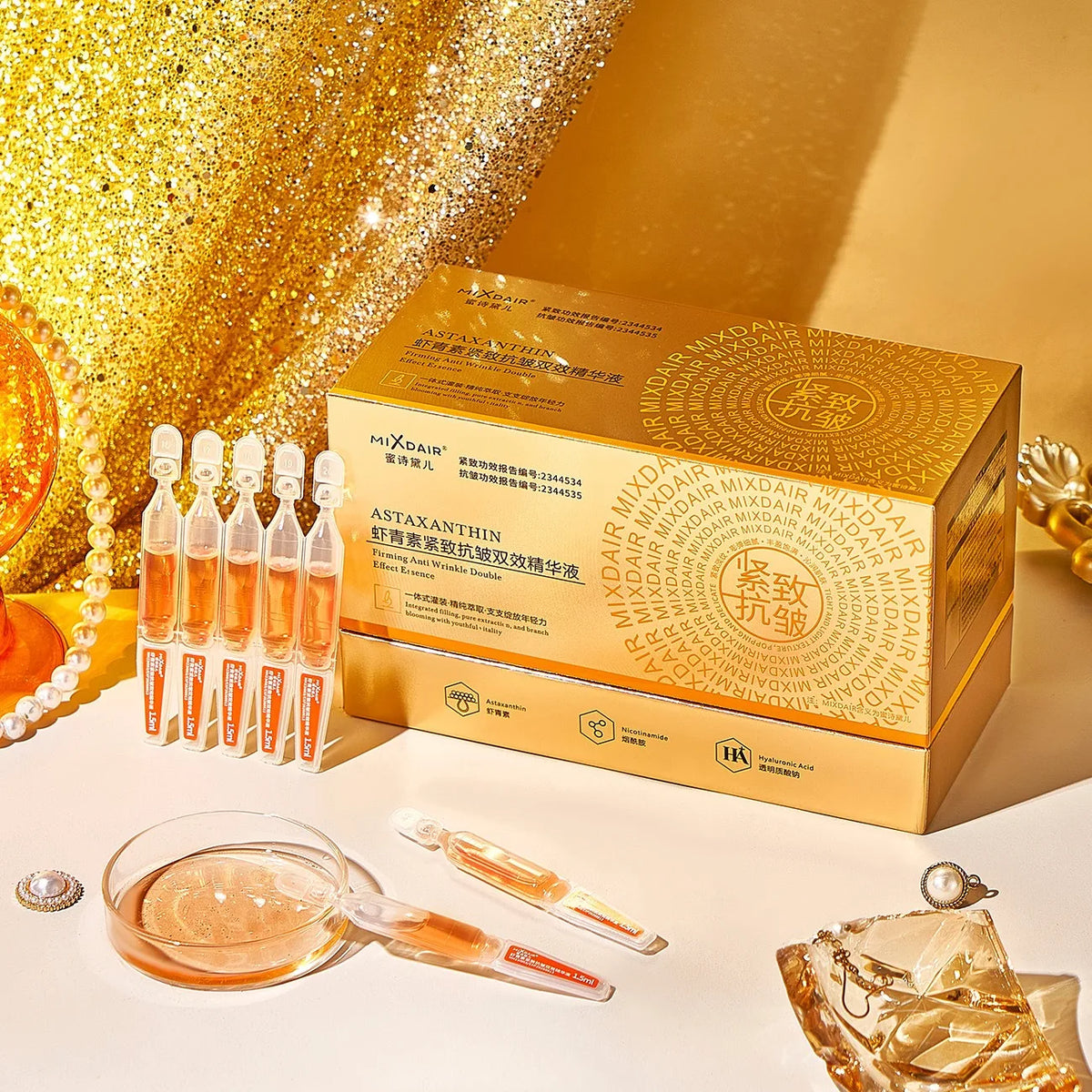 Anti Wrinkle Serum with Astaxanthin 30 Vials - Face Lifting & Firming Ampoules for All Skin Types - Skincare