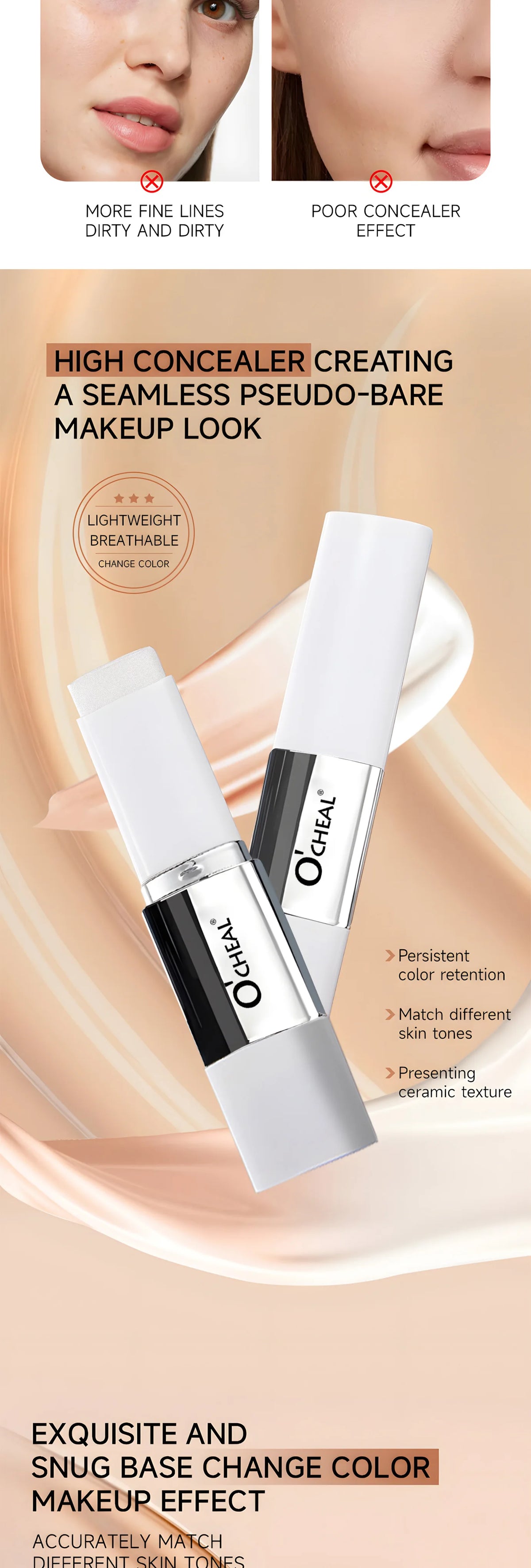 O'CHEAL Temperature Changing Foundation Stick Facial Coverage Blemishes Pores Double-Headed Face Matte Makeup Foundation Cream