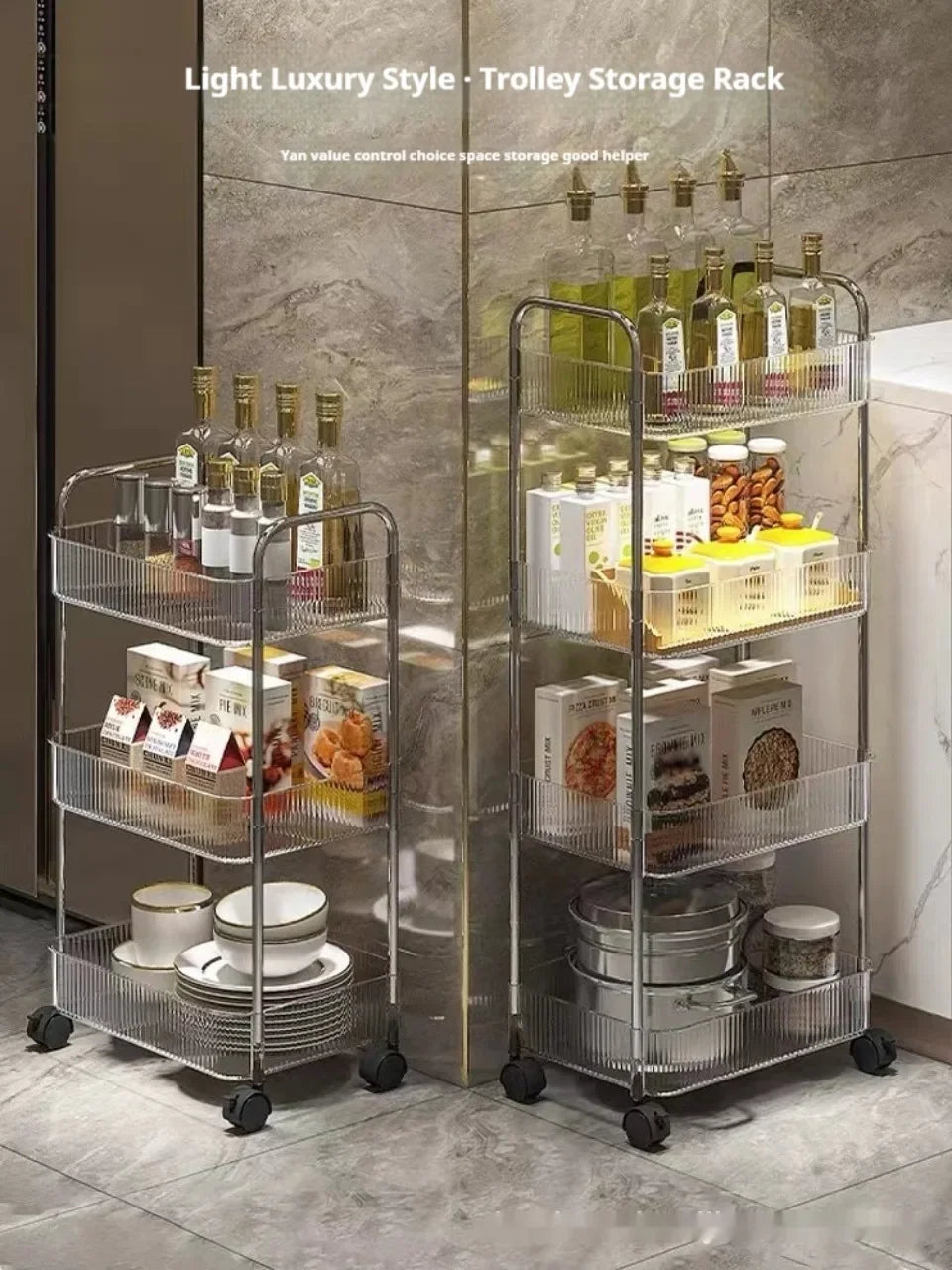 2/3/4 Layers Transparent Storage Rack with Wheels, Home Trolley Cart Suitable for Snacks Cosmetic Sundries and Kitchen Organizer