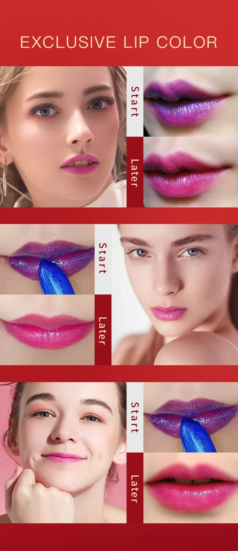 YANQINA Blue Temperature Color Changing Lipstick Waterproof Long-Lasting Non-Fading Non-Transfer Moisturizing Lip Stain Tinted