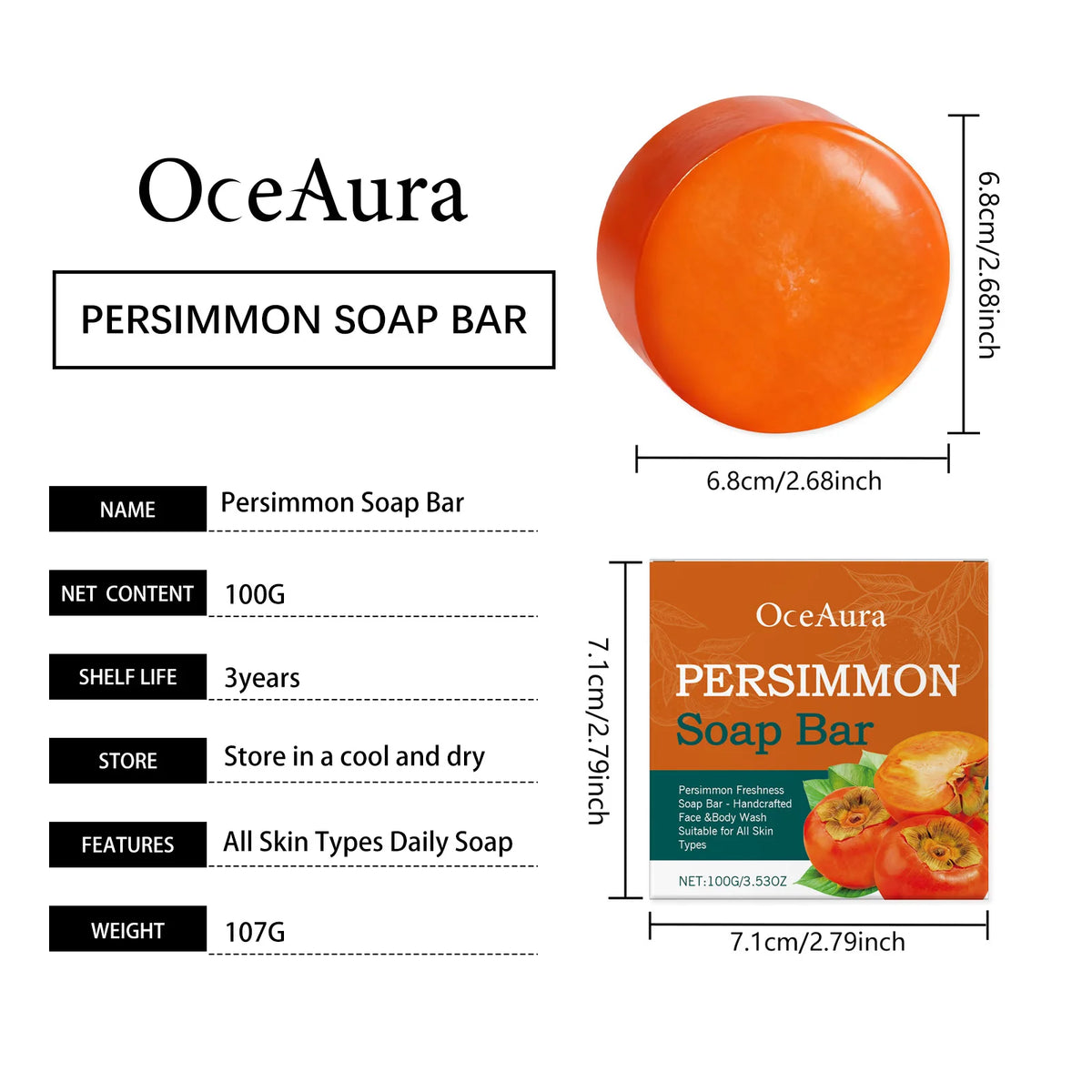 OceAura Persimmon Shower Gel Set Rich Foam Softens Skin Deep Cleansing Long Lasting Fragrance Natural Fruit Extracts Soap Bar