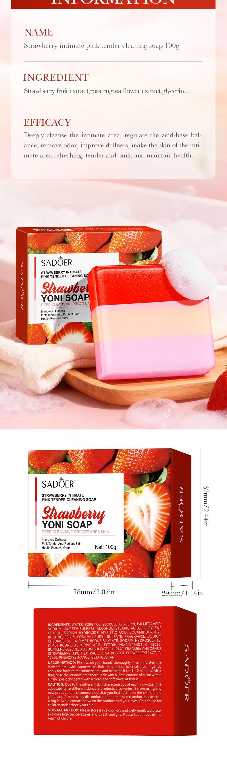 Soothing pH Balance Yoni Soap 100g – Mild Strawberry Scent, Gentle Daily Cleansing with Foam Net for Sensitive Skin