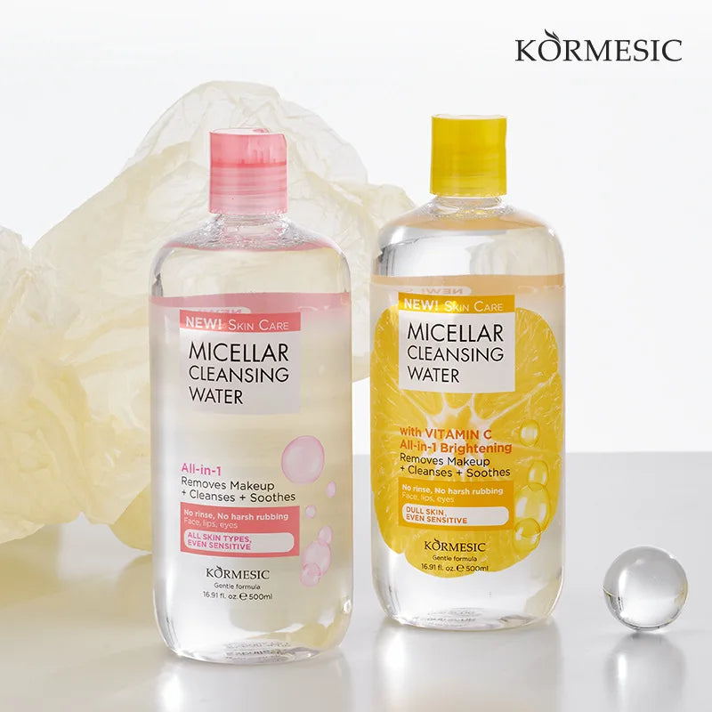 KORMESIC Micellar Water 500ml – Vit C Brightening / HA Hydrating, Removes + Cleanses, No Rinse, Face/Lips/Eyes