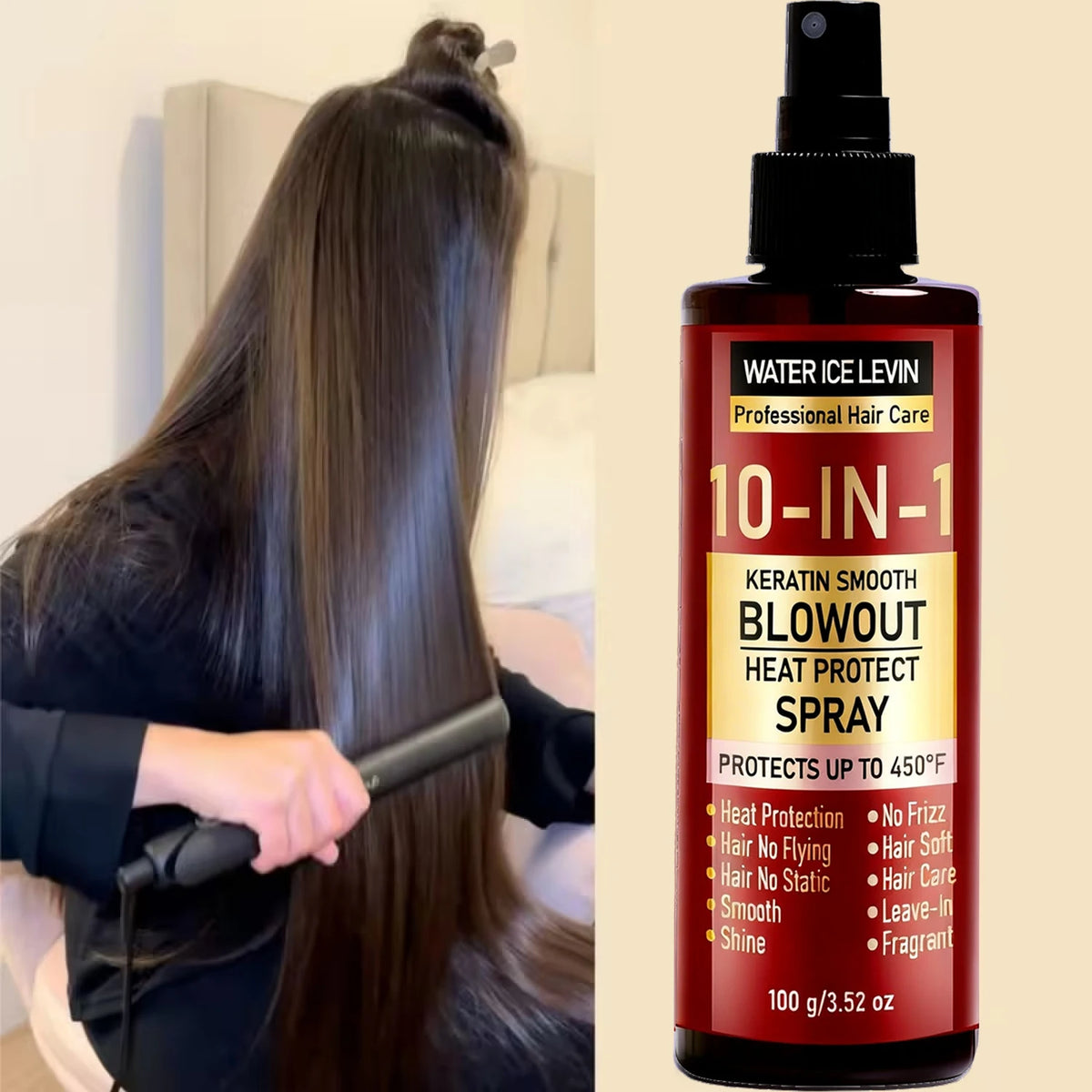 10-IN-1 Heat Protect Spray with Keratin, Collagen & Hyaluronic Acid – Smoothing Anti-Frizz Shine Leave-In Hair Care 100g