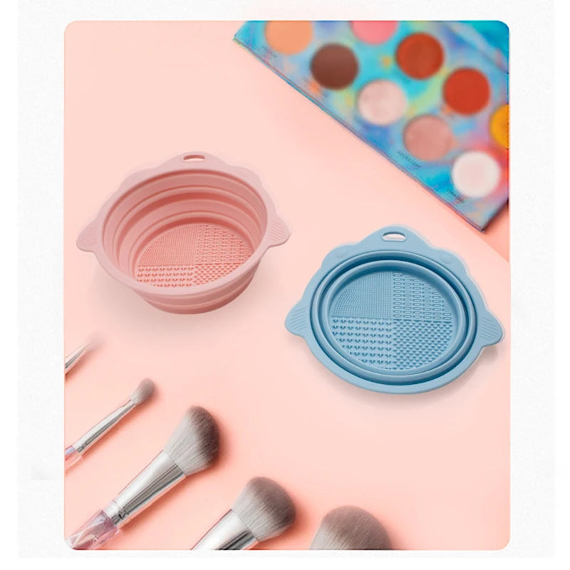 Multi-functional Silicone Makeup Brush Cleaning Bowl Powder Puff Beauty Washing Scrubber Pad with Folding Brush Holder