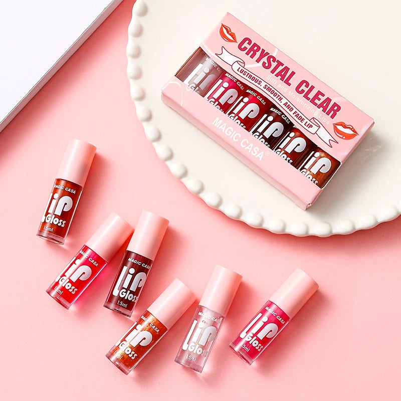 MAGIC CASA 6-Piece Set Water-Gloss Jelly Lip Oil - Plumping, Hydrating, Makeup Base, Long-Lasting Moisture