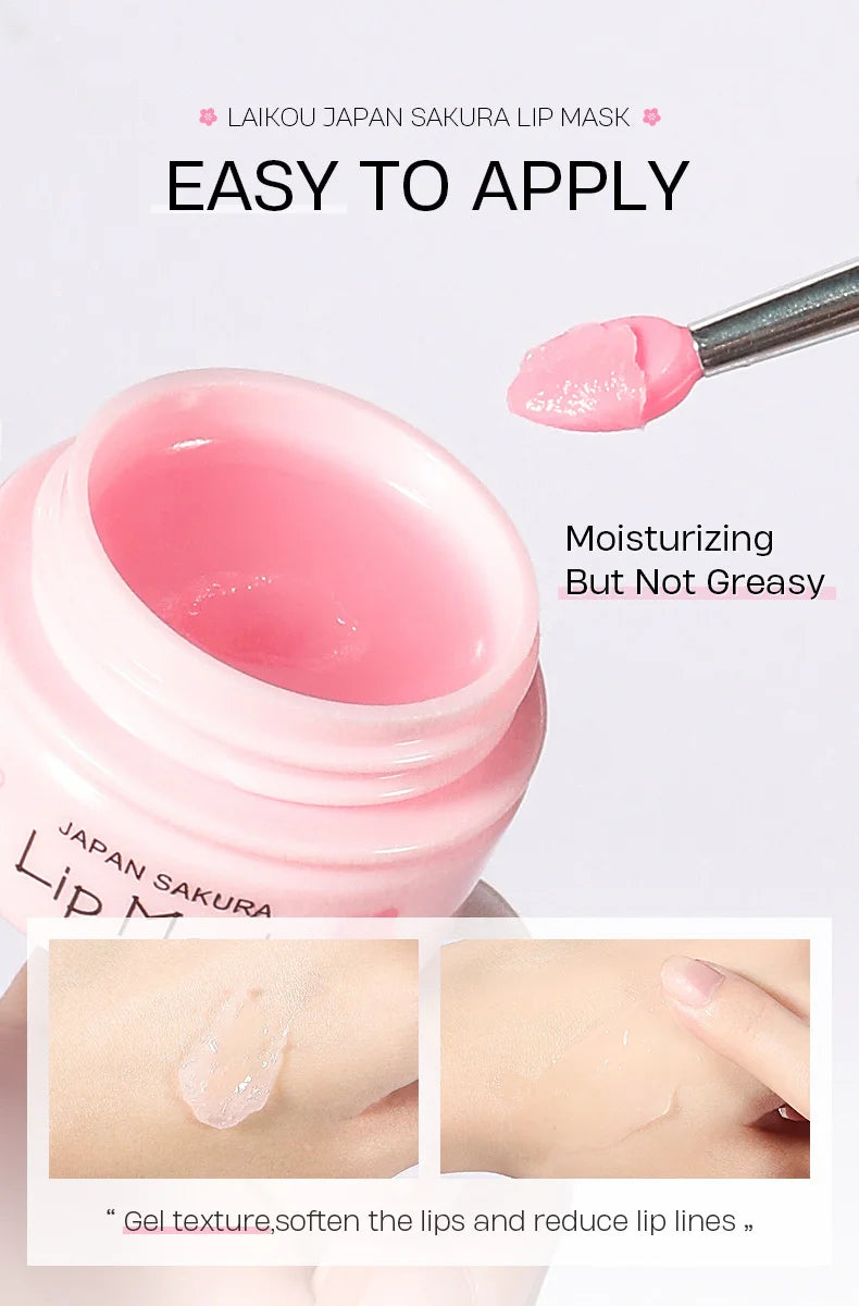 LAIKOU Cherry Blossom Lip Serum Mask Dry Crack Peeling Repair Reduce Lip Fine Lines Essence Moisturizing Sakura Beauty Care 8g