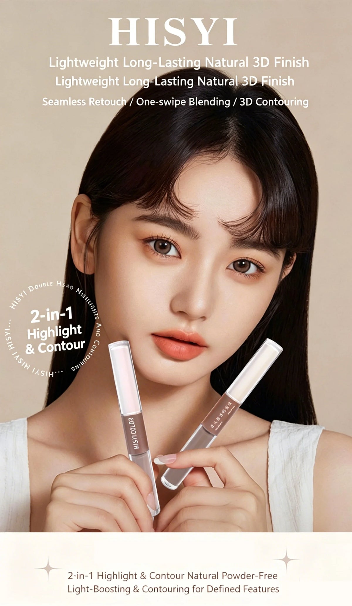 The dual-head highlighter brightens the complexion, regulates facial contours, and is long-lasting and waterproof