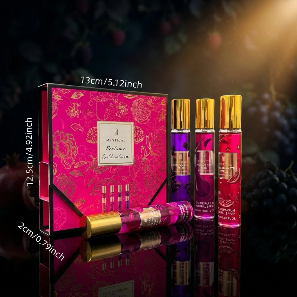 MYSTICAL 4pcs Berry & Fruit Perfume Set, Long Lasting EDP Fragrance Discovery Kit for Cocktail Parties, Vacations & Daily Wear, Raspberry Rose, Pomegranate Citrus & Merlot Pear, 0.68oz X 4 Travel Sampler, Luxury Beauty Gift f