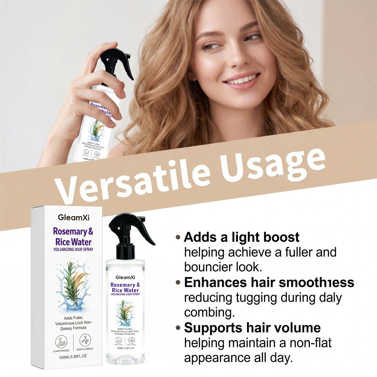 Rosemary Rice Water Hair Spray Volumizing Smoothing Leave-in Conditioner For Fine Flat Hair Oil Control Refreshing Scalp Care