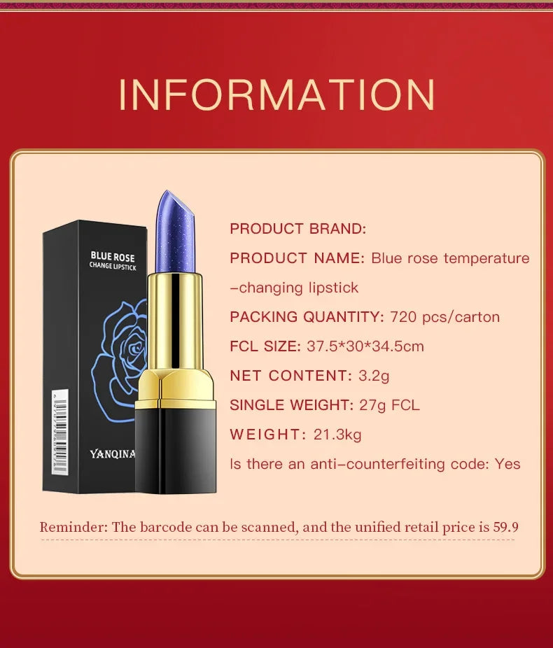 YANQINA Blue Temperature Color Changing Lipstick Waterproof Long-Lasting Non-Fading Non-Transfer Moisturizing Lip Stain Tinted