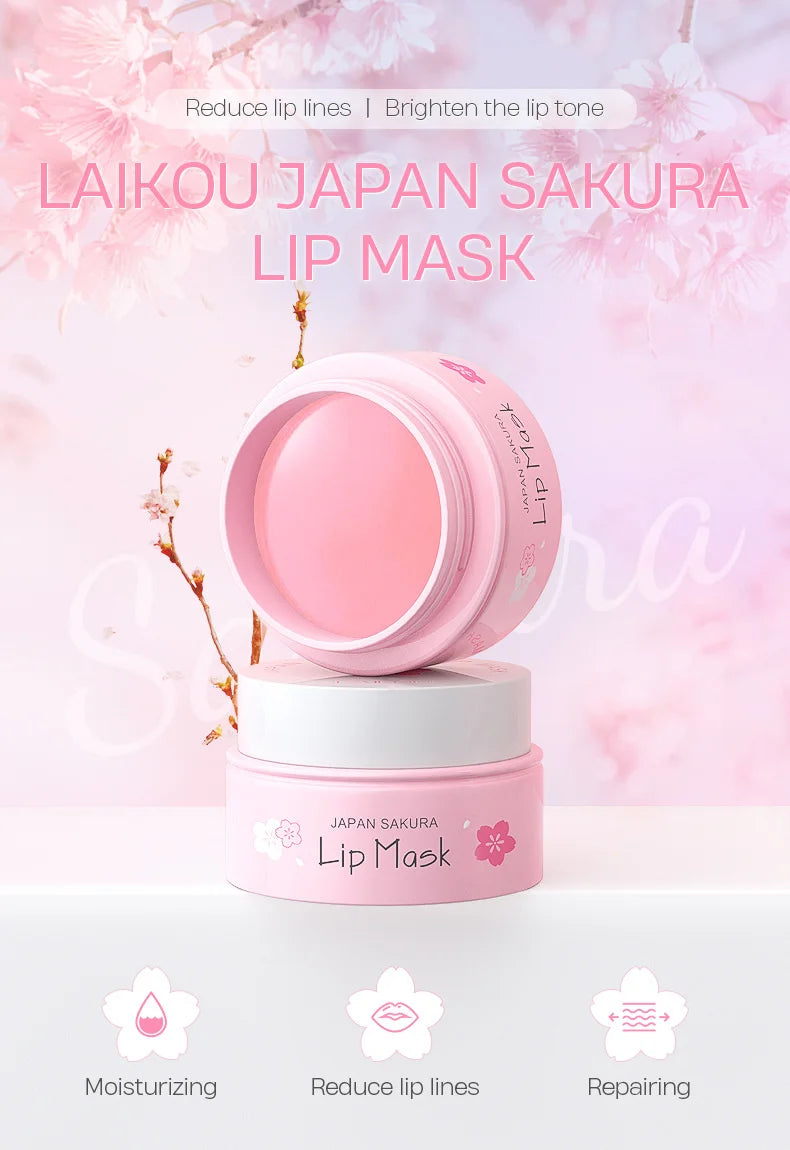 LAIKOU Cherry Blossom Lip Serum Mask Dry Crack Peeling Repair Reduce Lip Fine Lines Essence Moisturizing Sakura Beauty Care 8g