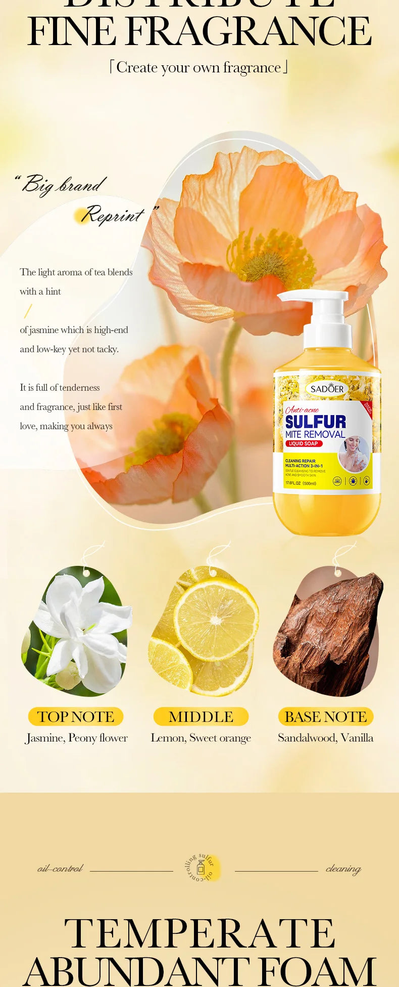500m Anti-Mite Sulfur Shower Gel Deep Cleansing Oil Control Anti-Acne Soothe Repair Body Skin Care Wash for Women & Men