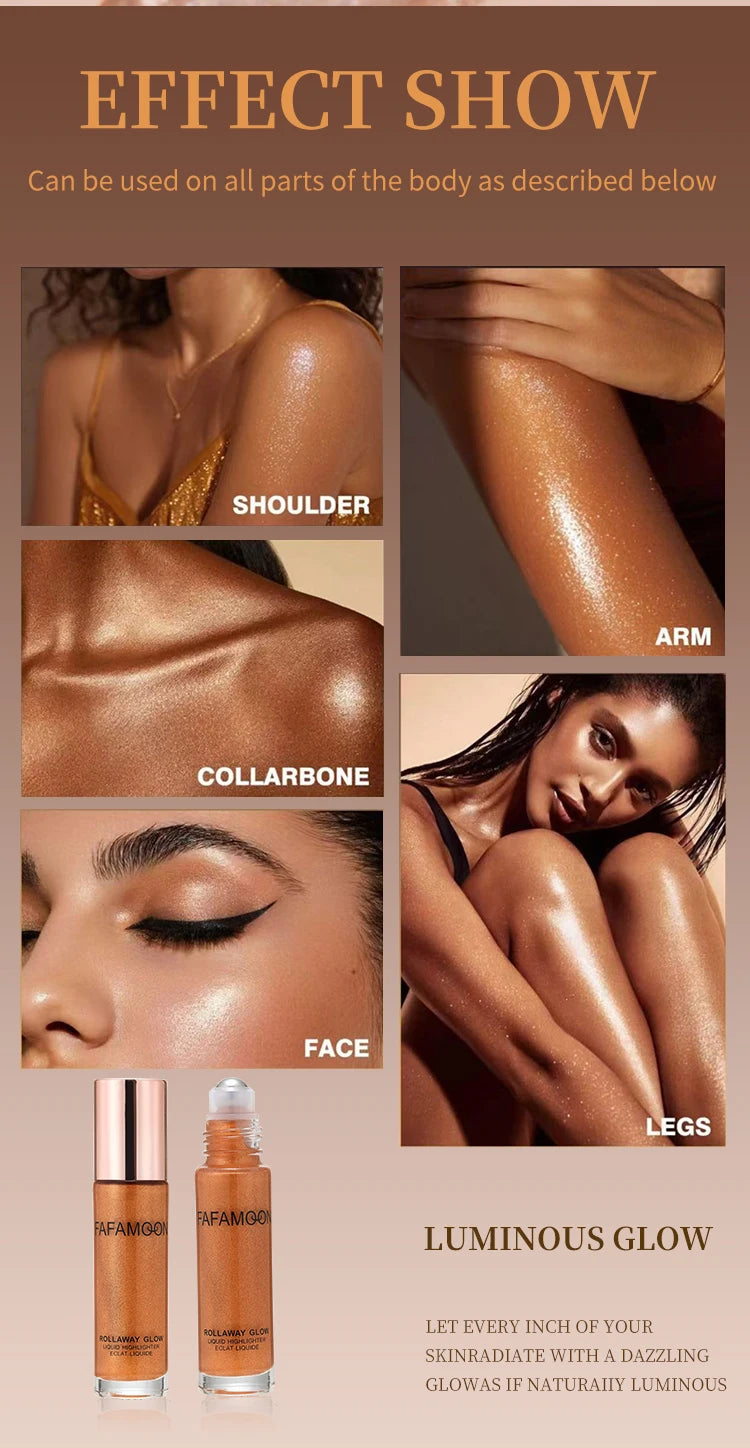 Pearlescent Glitter Roller Ball Shimmer Oil Lasting Shine Gold Bronze Contour Brighten for Face Body Sparkle Liquid Highlighter