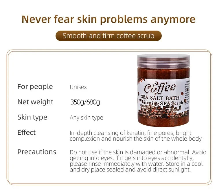 350g/680g Coffee Whitening Spa Scrub Bath Salts Exfoliating Body Scrub Deep Clean Dead Skin Moisturizing Bubble Wet Sea Salt