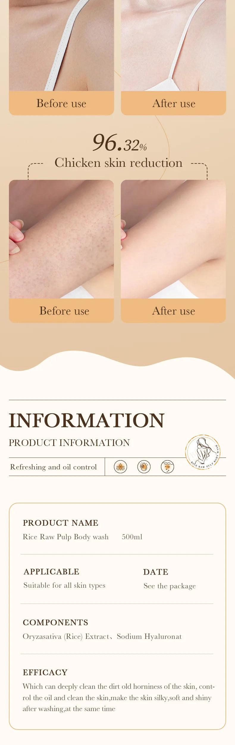 Rice Raw Pulp Body Shower Gel 500ml, Hypoallergenic and Moisturizing, Refreshing Oil Control, Long-Lasting Light Fragrance, Suitable for All Light Beige Skin Types and Sensitive Skin, Easily Removes Oil and Dirt, Daily Nouris