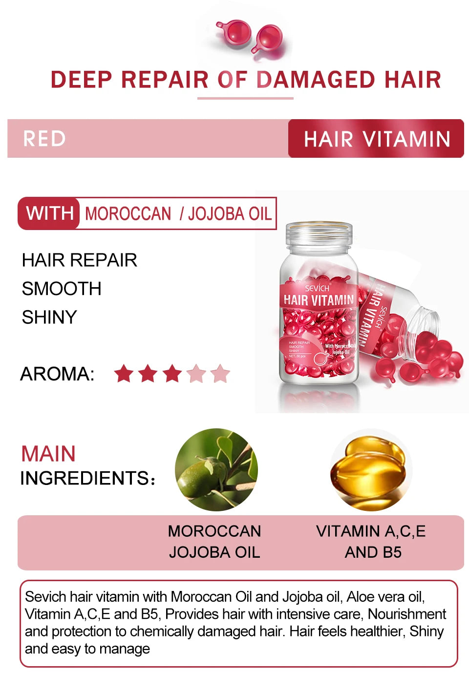 30Pcs Anti Hair Loss Hair Vitamin Capsule Oil Keratin Complex Oil Smooth Silky Hair Serum Hair Mask Repair Frizz Damaged Sevich