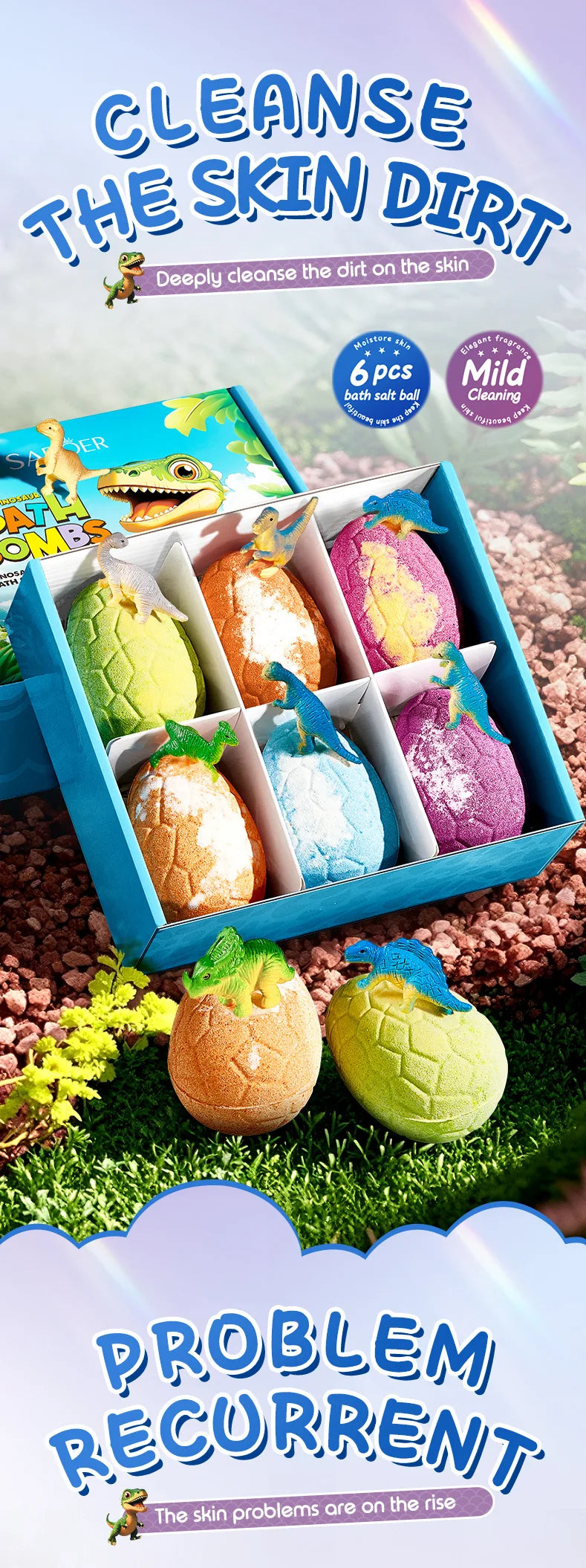 6*100g Dinosaur Egg Bath Salt Ball Essential Oil Bubble Bath Bombs Moisturizing Exfoliating Spa Salts for Shower