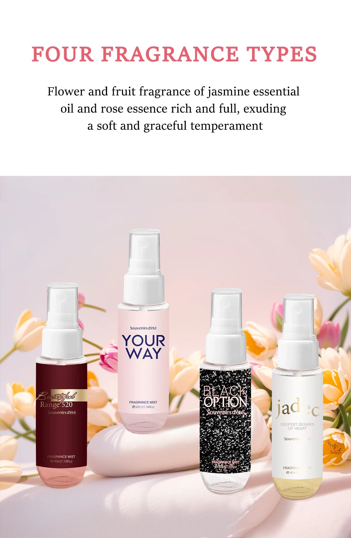 4pcs Pink Women's Body Perfume, Fresh Floral Fragrance Spray, Lasting Fragrance, Alcohol Free, Ideal Gift for Women