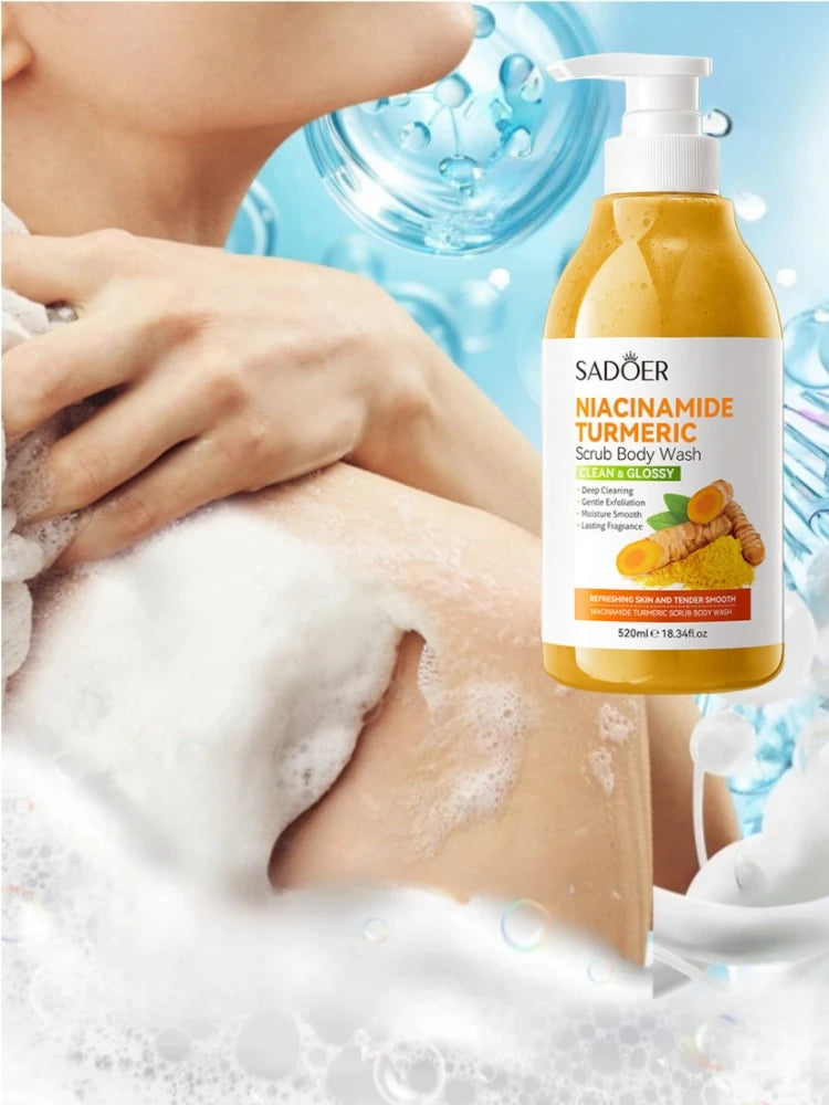 520Ml/Bottle Niacinamide Turmeric Scrub Shower Gel, Rich in Ingredients Such as Niacinamide and Turmeric Extract, with a Smooth and Fine Scrub Texture, Abundant Foam, Gentle Bathing Experience, Cleans Sweat and Other Dirt and