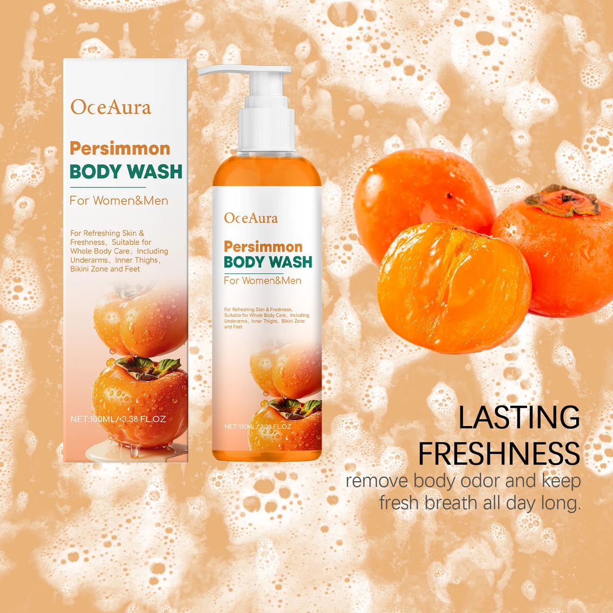 OceAura Persimmon Shower Gel Set Rich Foam Softens Skin Deep Cleansing Long Lasting Fragrance Natural Fruit Extracts Soap Bar