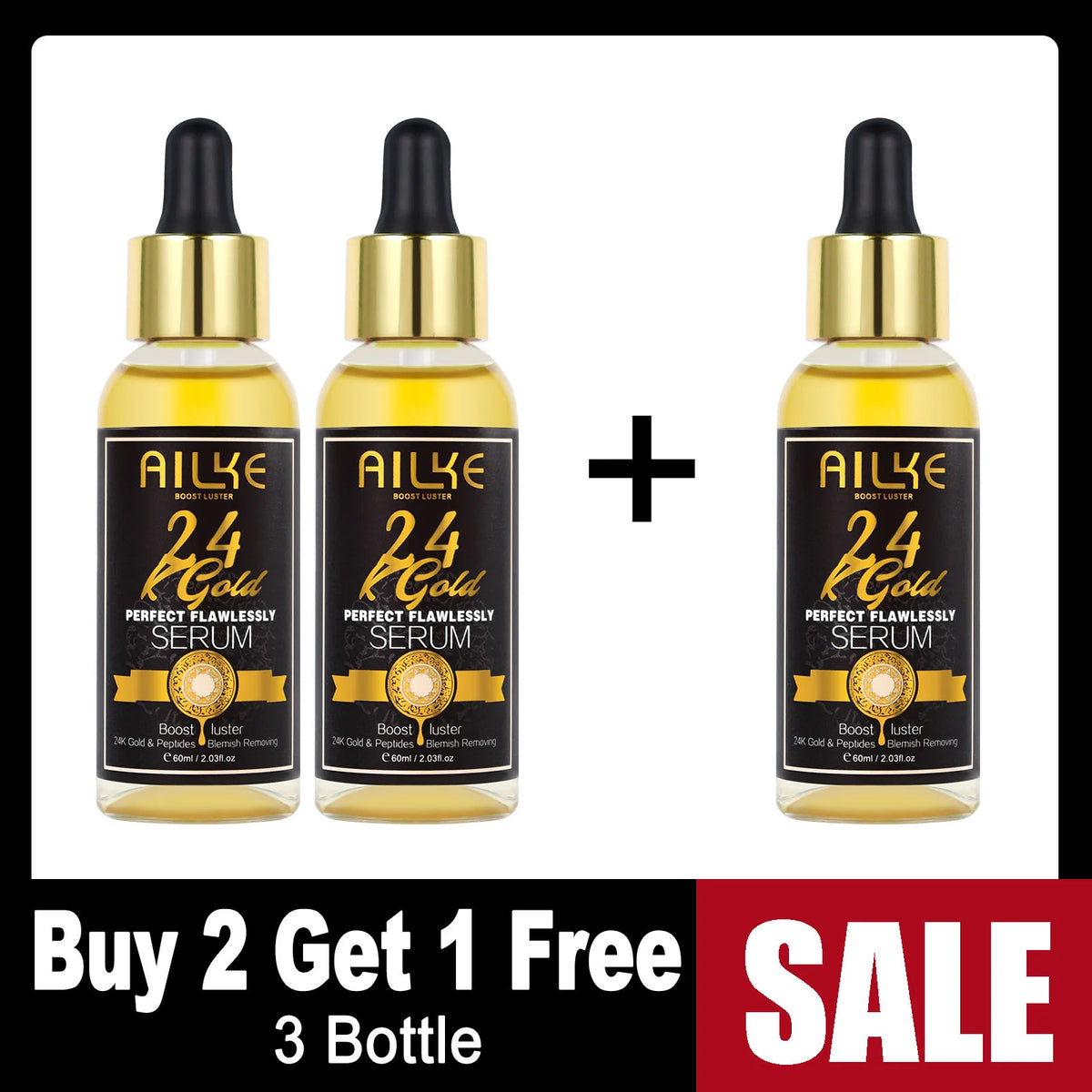 AILKE 24K Gold Flawlessly Serum, Whitening, Deep Clean Skin, Even Skin Tone, Reduce Black Spots, With Peptide, For Face, Body