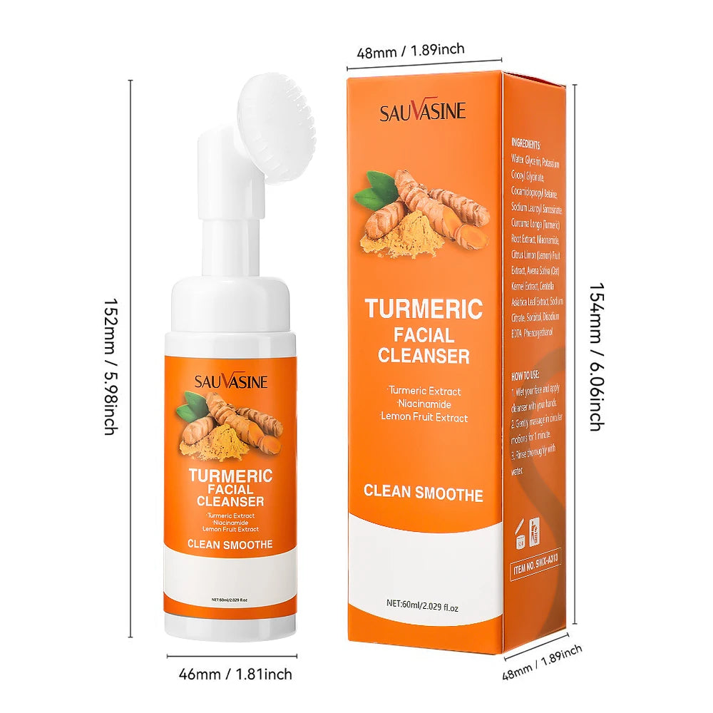 Turmeric Cleanser Moisturize Facial Brightening Skin Tone Daily Face Wash Foam with Brush Skin Care Clean Lemon Fruit Extract