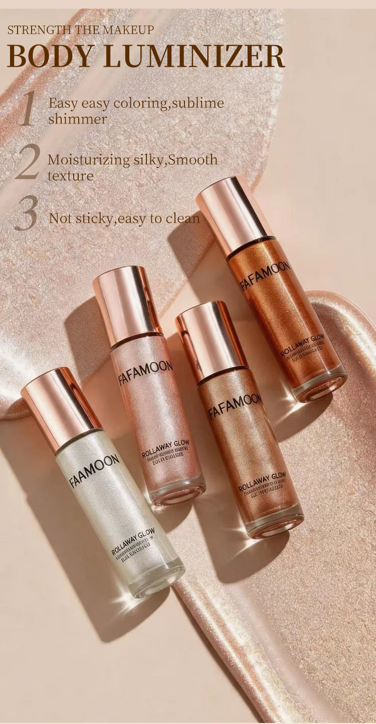 Pearlescent Glitter Roller Ball Shimmer Oil Lasting Shine Gold Bronze Contour Brighten for Face Body Sparkle Liquid Highlighter