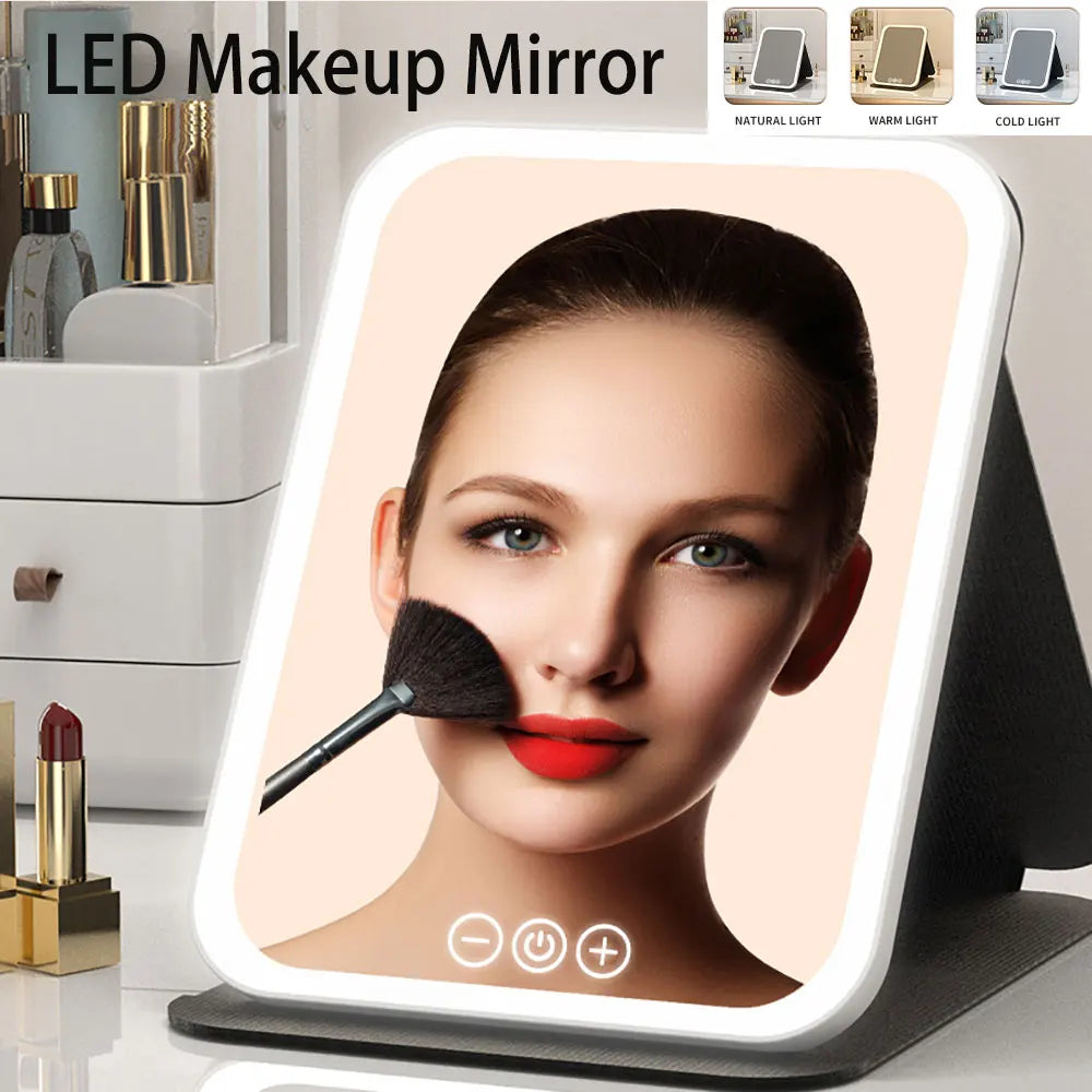3 Colors Dimmable LED Makeup Mirror with Touch Screen Fold Cosmetic Makeup Mirror Rechargeable Tabletop for Travel & Home Use