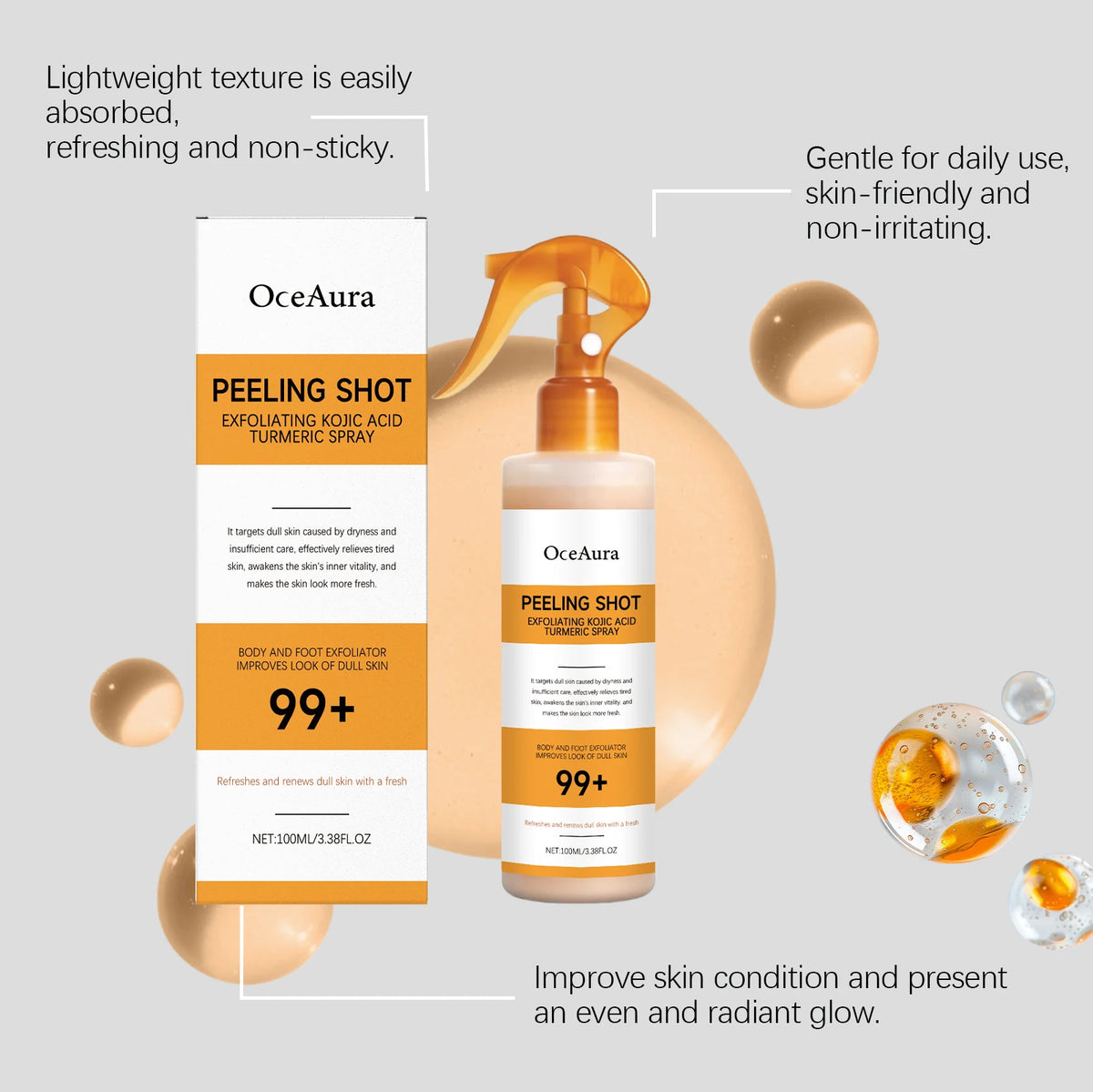 OceAura Peel Shot Kojic Acid Turmeric Spray Exfoliate Skin Care Dead Skin Remover Improve Uneven Looking Exfoliating Spray 100ml