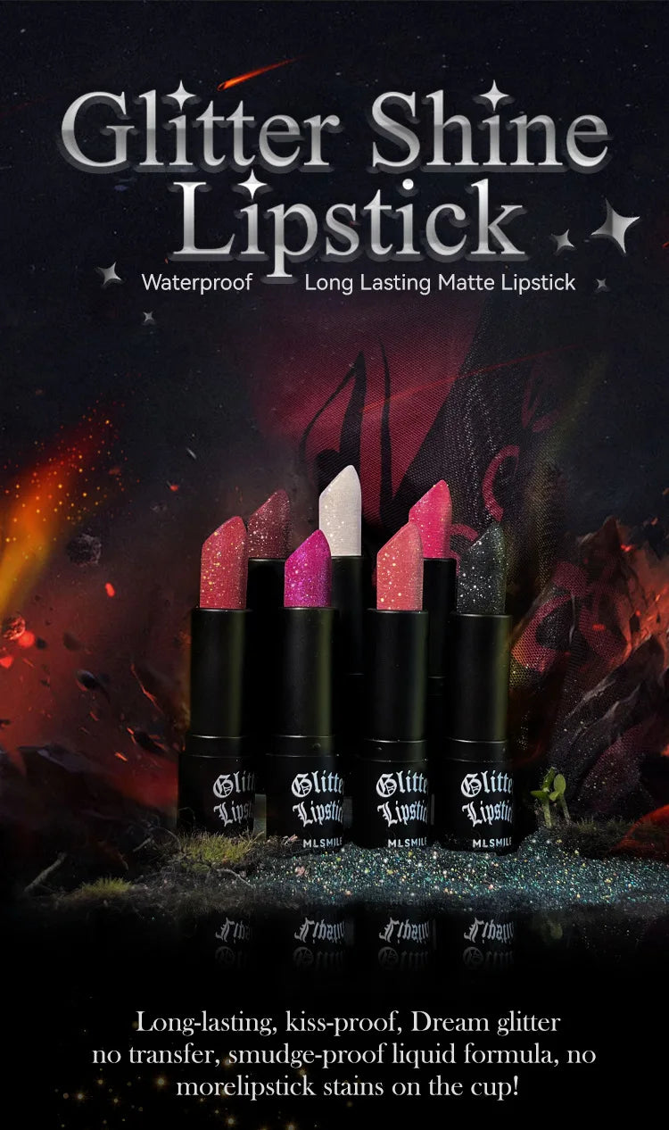 7Colors Glitter Lipstick Waterproof Long Lasting Diamond Pearlescent Metallic Lipstick Black Lipgloss Women Lips Makeup Cosmetic