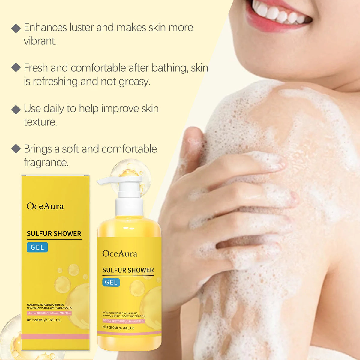 OceAura Sulfur Shower Gel Softening Skin Refreshing Smoothing Long Lasting Moisturizing Gentle Cleansing Sulfur Body Wash 200ml