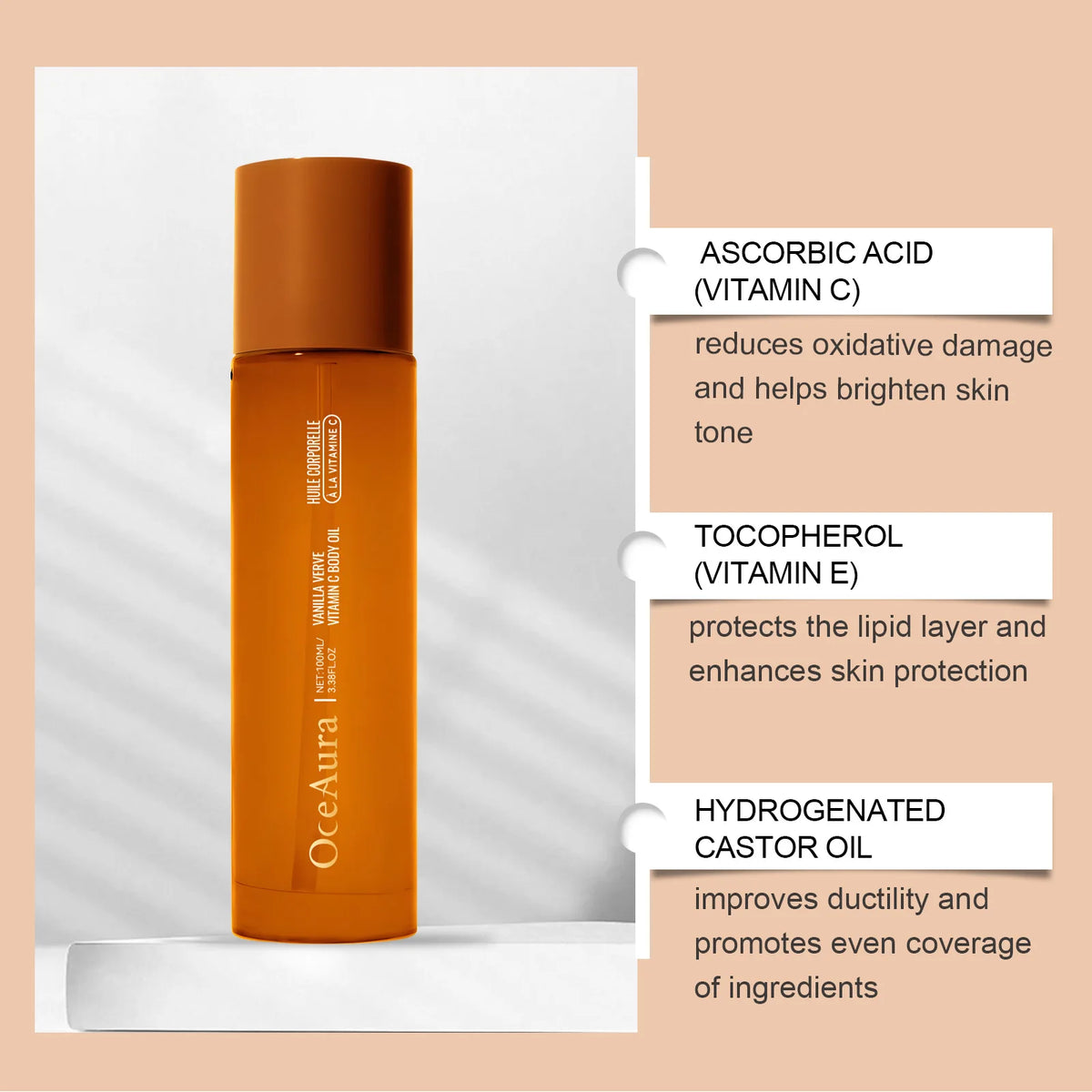 OceAura Vitamin C Body Oil for Glowing Skin Brightening Deep Hydration After Shower Vanilla Verve Scented Body Massage Oil 100ml