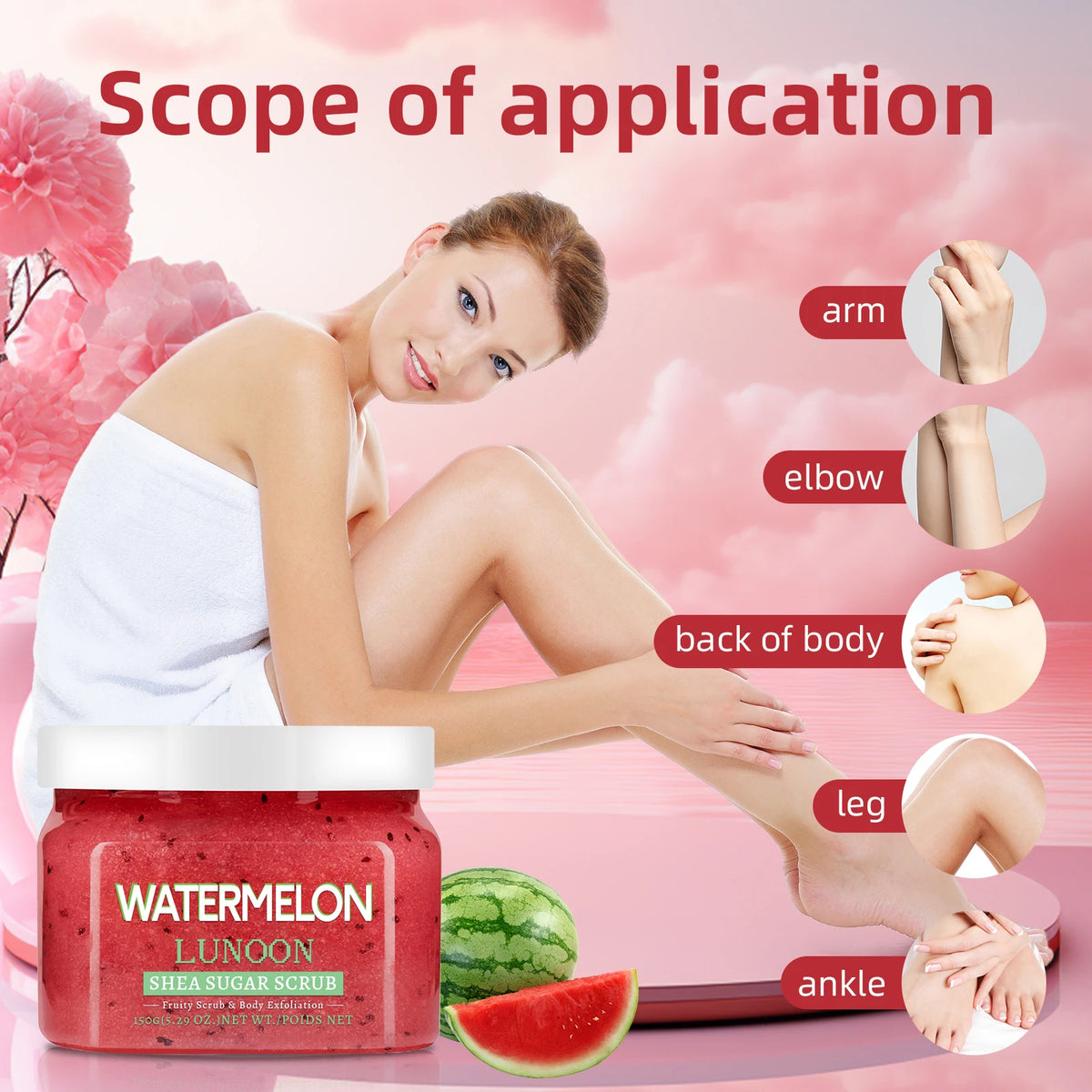 Natural Watermelon Shea Sugar Scrub 150g - Body Exfoliator, Moisturizing, Smooth & Glowing Skin, For Elbows, Knees, Back & Legs