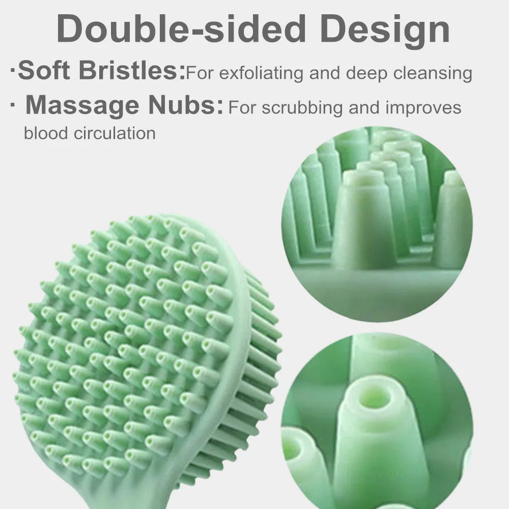 Silicone Scrubber Long Handle Exfoliating Shower Brush Double Sided Back Cleaning Dirt Remover Massage Bathing Body Skin Care