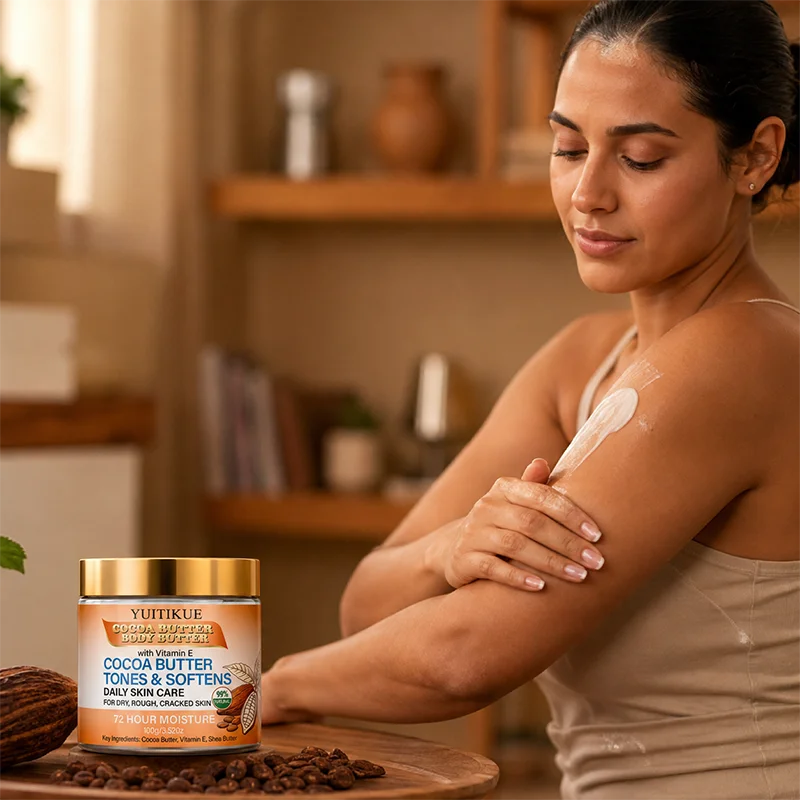 YUITIKUE Natural Cocoa Butter Body Butter, Shea Butter Vitamin E 72H Moisturizer for Dry Cracked Skin 100g