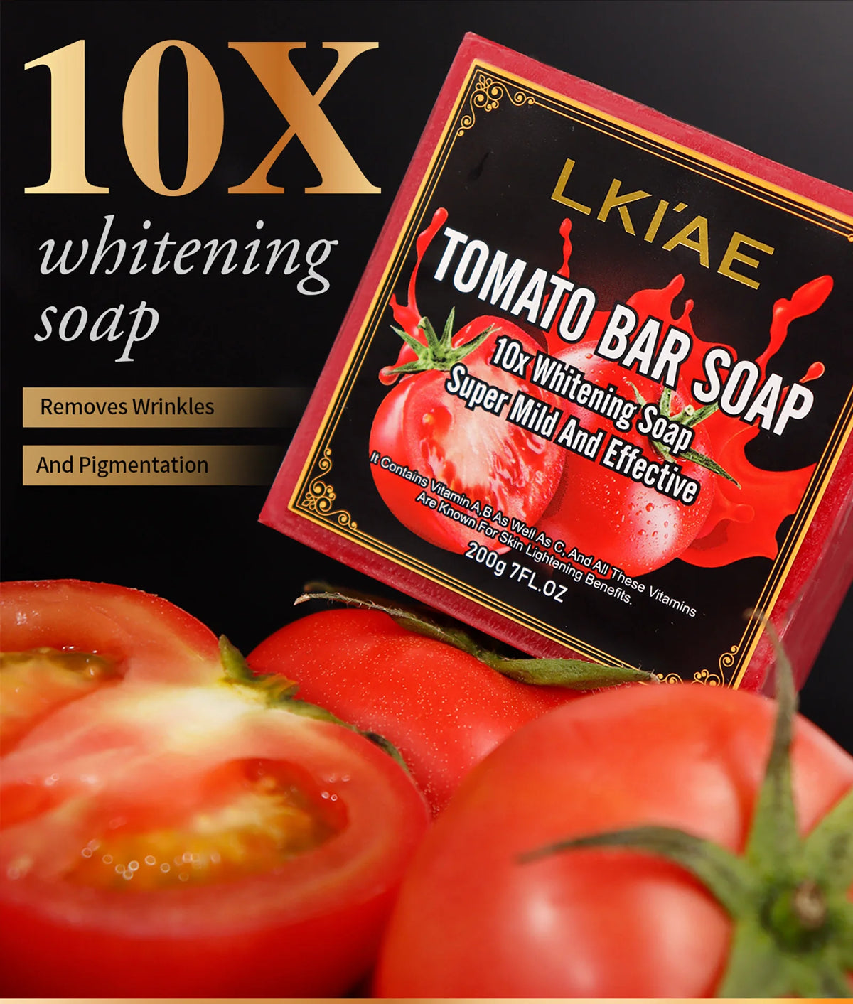 LKIAE Organic Fruit Tomato Whitening Soap, Lightening, Reduce Dark, Black Spots, Even Skin Tone, Clean Skin, Exfoliation, 200g