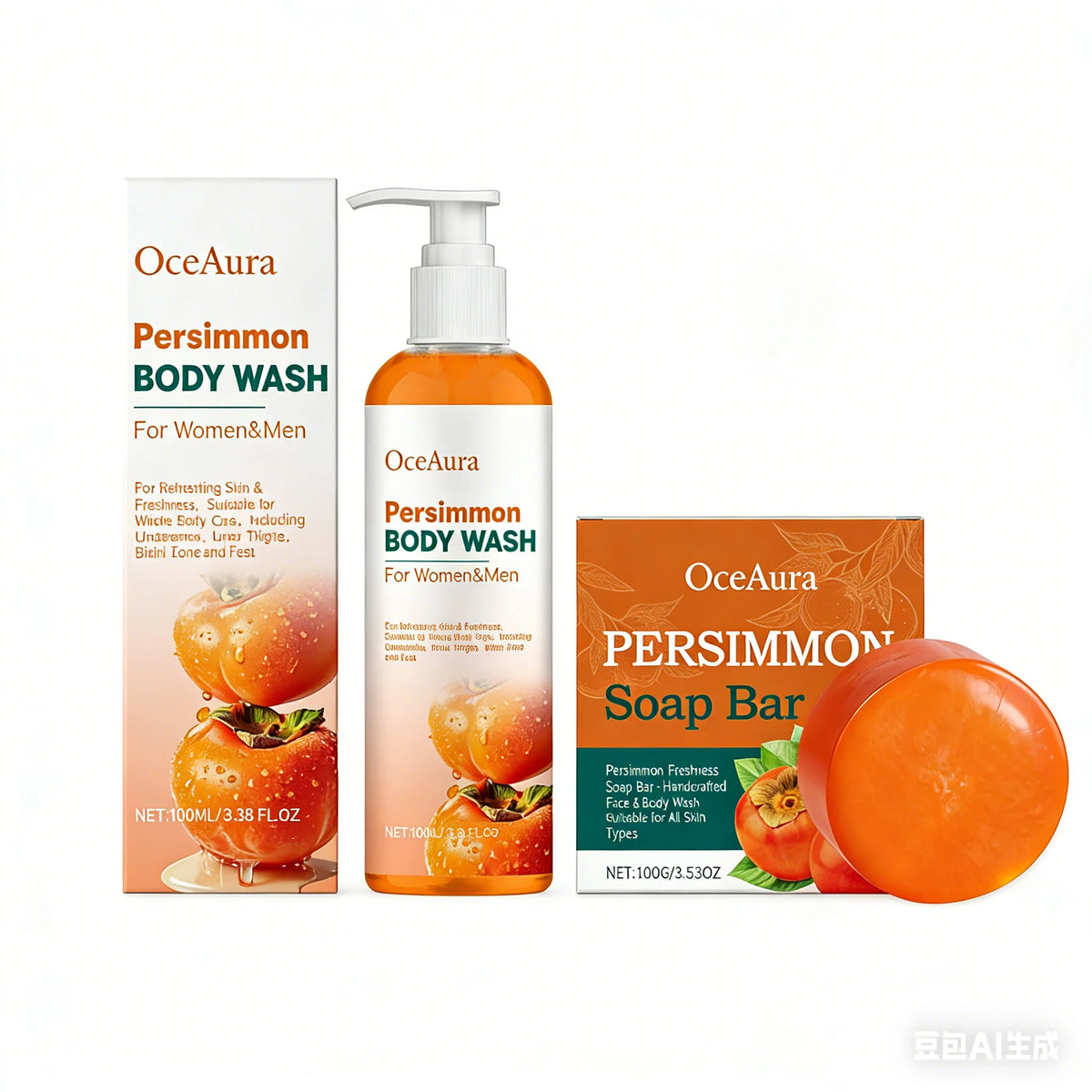OceAura Persimmon Shower Gel Set Rich Foam Softens Skin Deep Cleansing Long Lasting Fragrance Natural Fruit Extracts Soap Bar