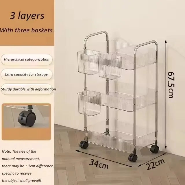 2/3/4 Layers Transparent Storage Rack with Wheels, Home Trolley Cart Suitable for Snacks Cosmetic Sundries and Kitchen Organizer