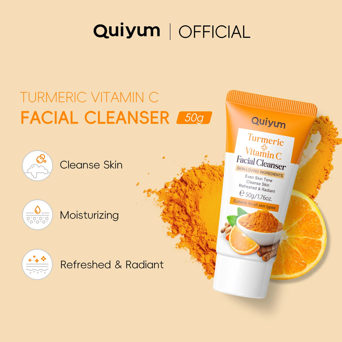 Quiyum Turmeric Vitamin C Cleanser Brighten Skin Tone Gentle Cleansing Face Wash Oil Control 50g
